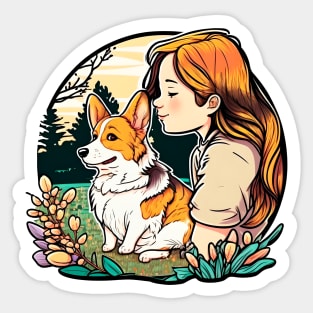 Corgi & Girl Funny Pembroke Welsh Corgi Retro Dog Lover Sticker